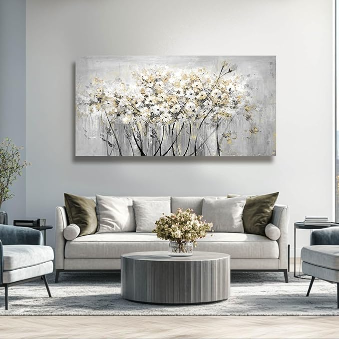 VAYIMDH Gold Pictures Wall Decor Living Room Wall Hanging White and Grey Vintage Posters Floral Photo Prints for Bedroom Dining Room 24x48 Inch