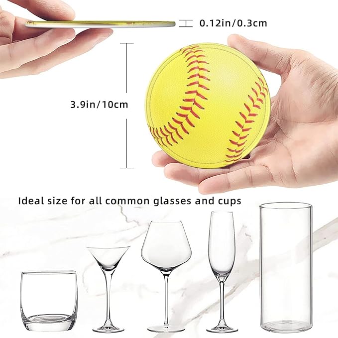 Softball Yellow Coasters for Drinks with Holder Round Leather Coasters Set of 6 Cups Mugs Mat Pad for Home Kitchen Bar