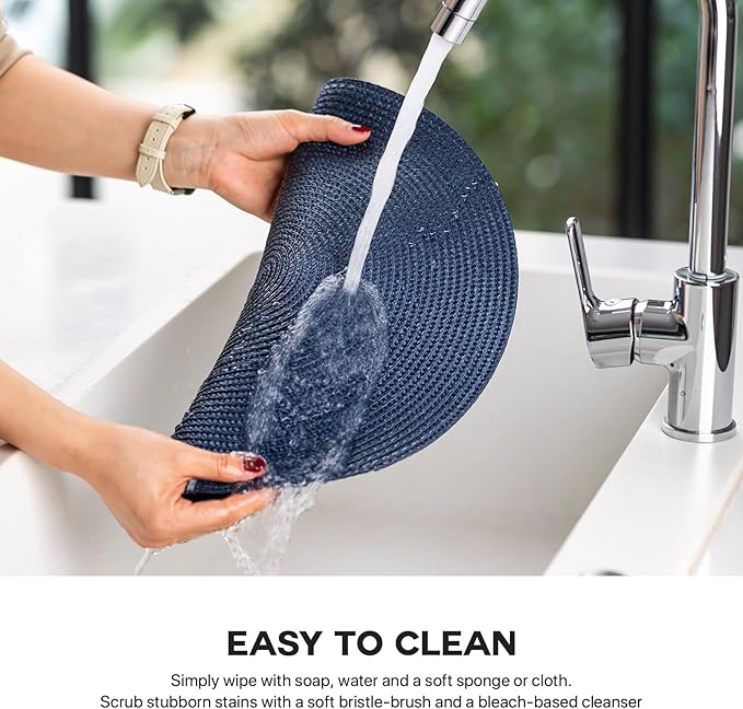 Round Placemats Set of 6 Plastic Woven Placemats Washable Wipeable Table Mats for Dining Table Heat Resistant Non-Slip Circle Place Mats (Navy Blue)