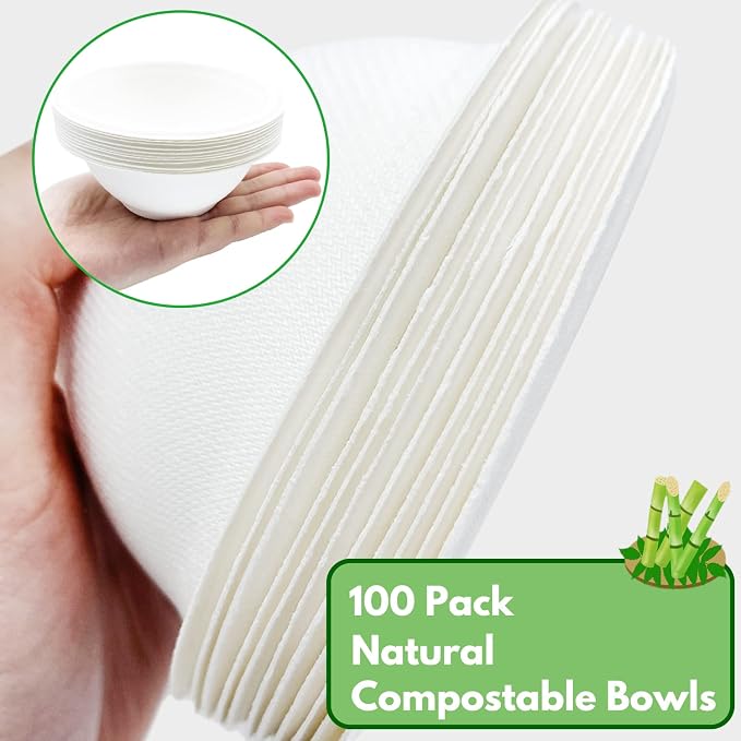 Haawooky 100 Pack White Disposable Paper Bowls, 8oz Natural Compostable - Image 3