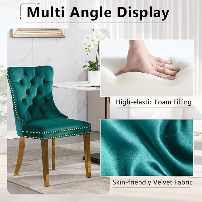SSLine Modern 70" Glass Dining Table Set for 8, Rectangular, Green, Velvet Upholstered Chairs, 300 lbs Weight Capacity