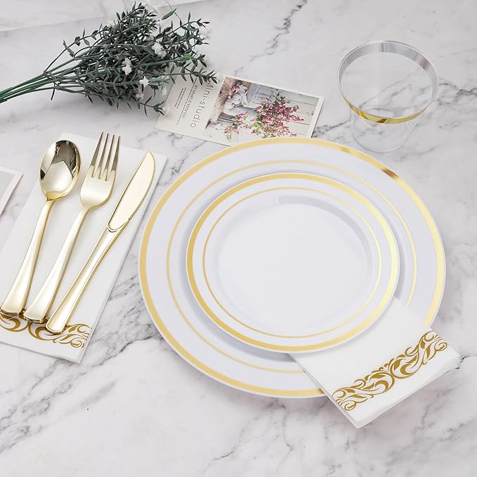 BESTVIP 175 PCS Gold Dinnerware Set for 25 Guests, Plastic Dinnerware Set for Party, Wedding, Christmas, Include: 50 Plastic Plates, 25 Gold Silverware, 25 Cups, 25 Paper Napkins