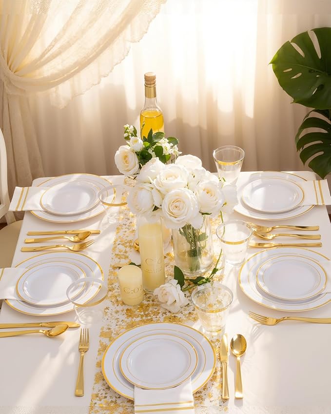 GATHER 700PCS Gold Plastic Plates - Whtie and Gold Disposable Dinnerware Sets 100Guest - 200 Disposable Plate, 300 Plastic Silverware, 100 Cups, 100 Napkins for Wedding & Party