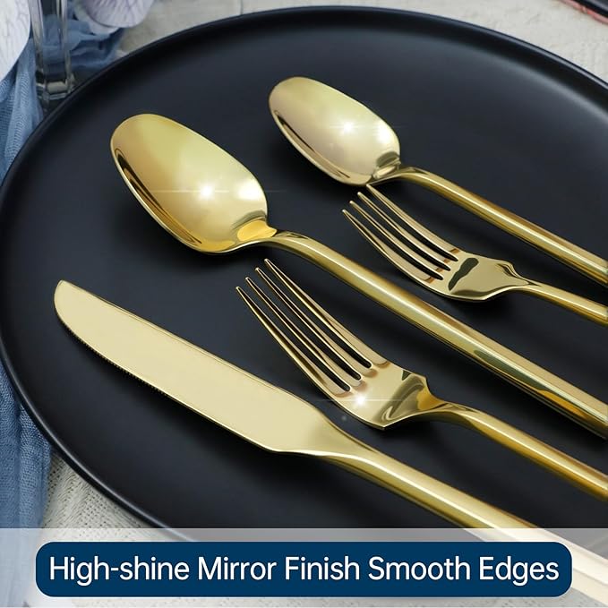 Silverware Set 60-Piece Stainless Steel Cutlery, Mirror Polishing Utensils, Gold Hexagon Flatware Sets, Service for 12