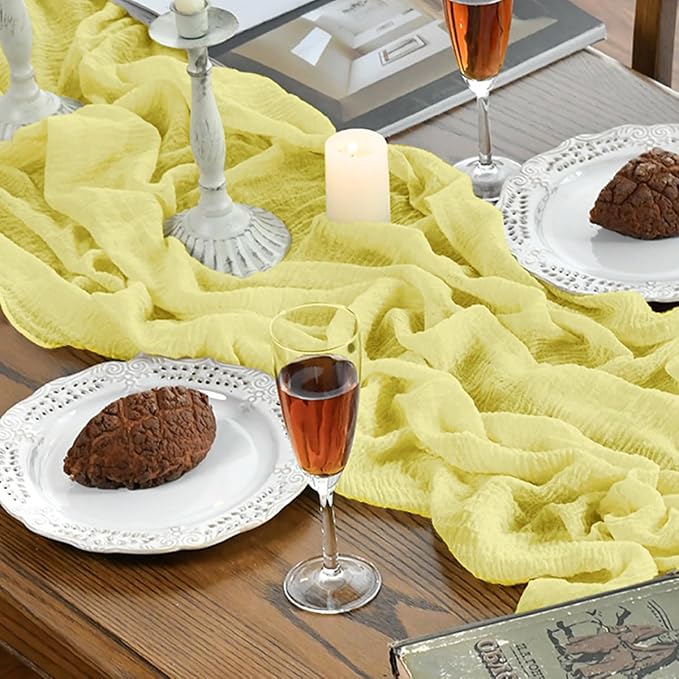 Artoid Mode Boho Light Yellow Gauze Wedding Table Runner, 160 Inch Seasonal - Image 2