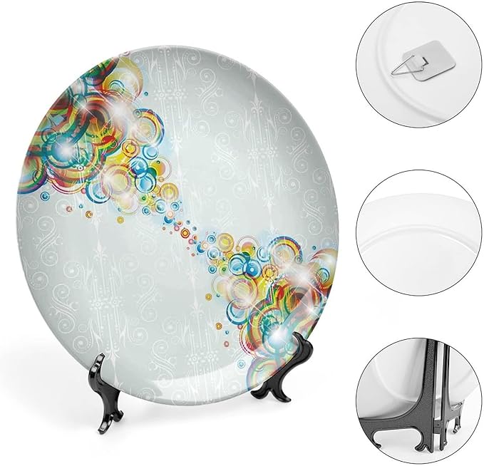 Decorative Plates, Abstract Print Ornament, Modern Design Rainbow Waves Circles Patterned, 6 Inch, Kitchen Wall Decor, Multicolor