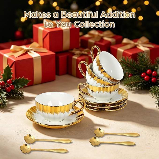 Cappuccino Cups with Saucers and Sakura Spoons, 8 oz Ceramic Espresso Cup Set - Image 8