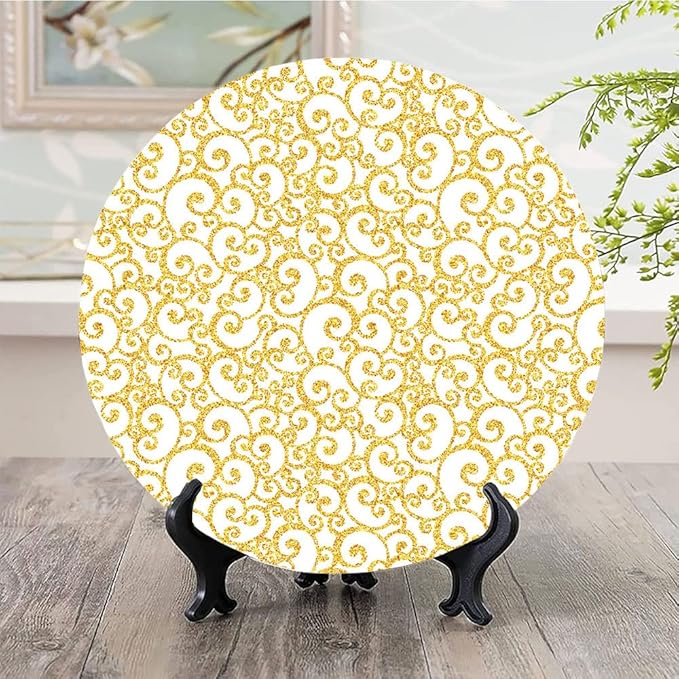 Ceramic Display Plate, Victorian Ceramic Hanging Decorative Plate, Swirling Lines Floral, 6 Inch, Living Room Kitchen Decoration Household, Golden