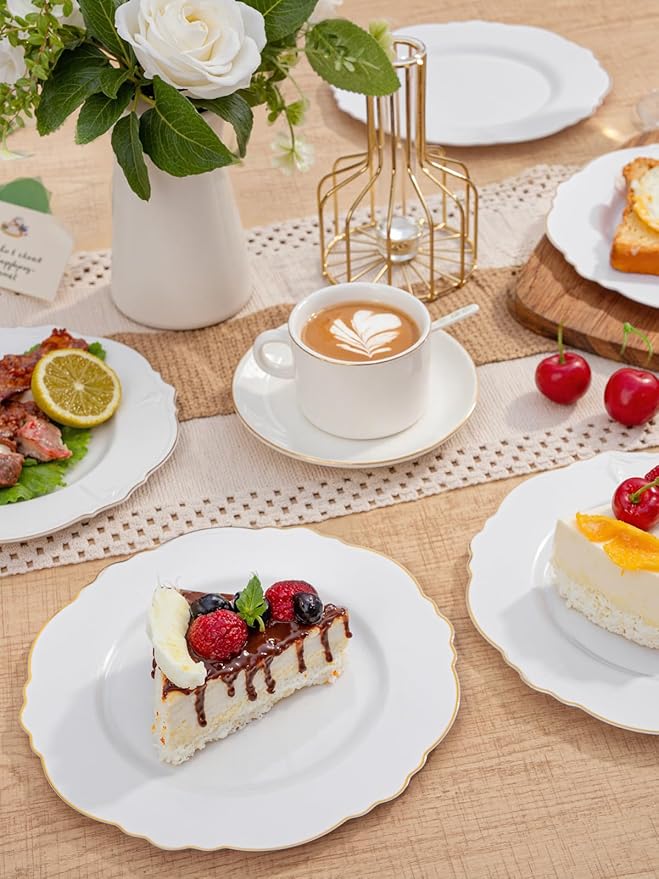 WDF 60pcs Gold Dessert Plates-7.5inch Baroque White and Gold Small Plastic Plates/Disposable Dessert/Salad/Appetizer Plastic Plate for Upscale Bridal Shower/Wedding/Birthday