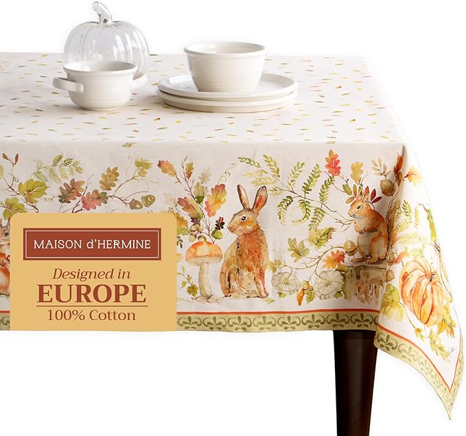 Maison d' Hermine Table Cloth Rectangle Table 100% Cotton 60 x 120 Inches Fall Tablecloth Reusable Everyday Use for Thanksgiving Christmas Decorations Dining Farmhouse Party (Pumpkin Passion)
