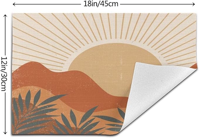 Mid Century Boho Sunset Placemats Vintage Farmhouse Abstract Plant Mountain Sunset Washable Place Mats 12x18Inch for Dining Kitchen Farmhouse Decor 4 PCS
