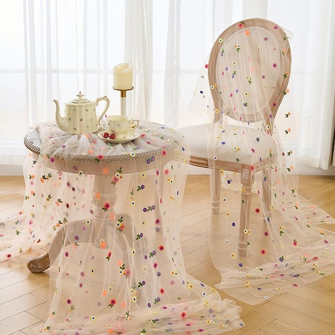 BINBE 1pcs Champagne Daisy Spring Table Runner Embroidery Gauze 10FT Florals - Image 5