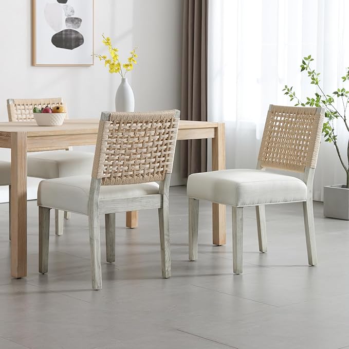 Farmhouse Dining Chairs Set of 6 Linen Fabric Upholstered Accent Side Chair, Mid Century Modern Kitchen & Dining Room Chairs with Woven Rope Back for Home, Living Room, Bedroom - White