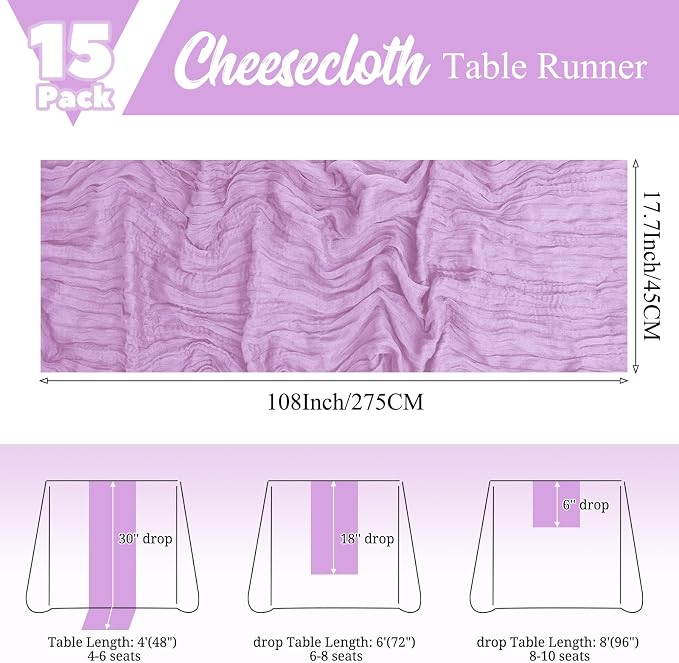 15 Pack Lavender Table Runner 17 x 108inch Cheesecloth Table Runner Boho Gauze - Image 2