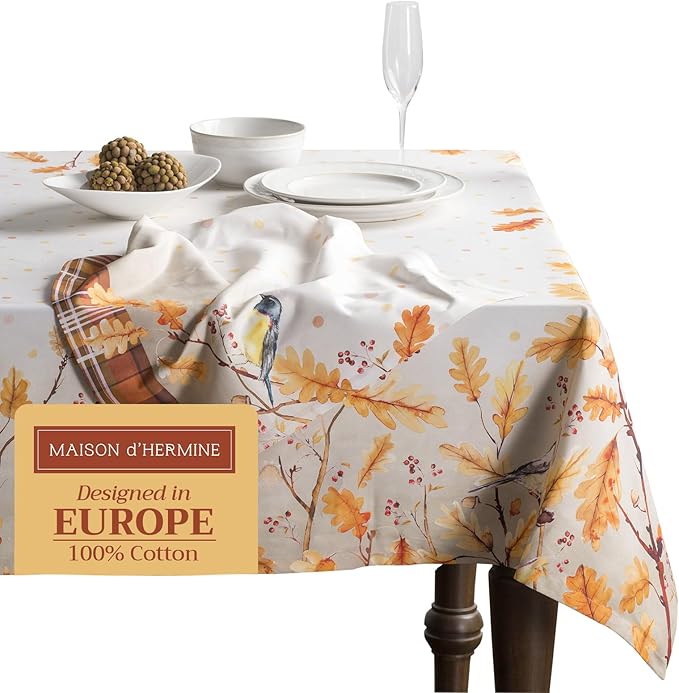 Maison d' Hermine Table Cloth Rectangle Table 100% Cotton 70 x 108 Inches Fall Tablecloth Reusable Everyday Use for Thanksgiving Christmas Decorations Dining Farmhouse Party (Oak Leaves)