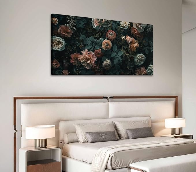 ADJUVANT Wall Art Floral 48"L x 24"W, Dark Hued Vintage Flowers With Lush Foliage Canvas Painting Elegant Blooms Artwork Retro Garden Prints Floral Wall Decor for Living Room Bedroom Study Home Office