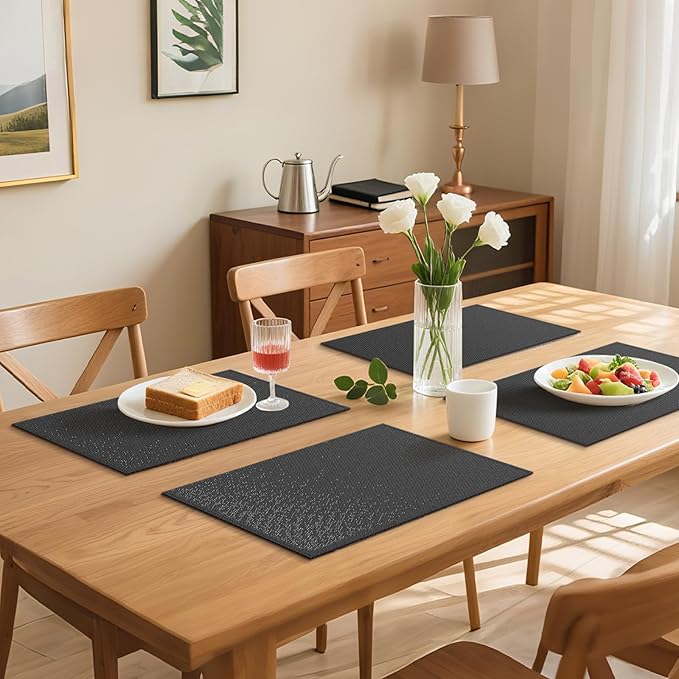 Blue Forest Placemats Set of 6, Dual-Layered Thickened Faux Linen Table Mats Heat Resistant Machine Washable Wrinkle Free Place Mats for Kitchen Dining Outdoor/Indoor (Dark Green)