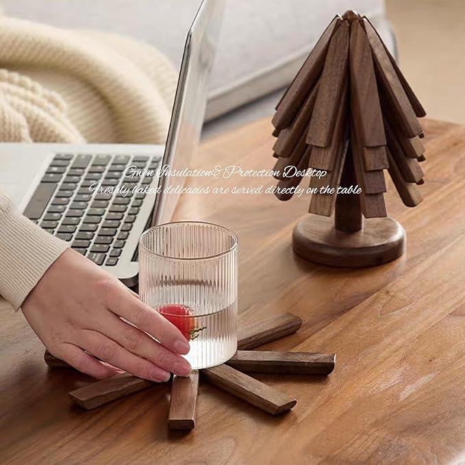 Trivets for Hot Dishes - Tree Washer Set, Wooden Pinwheel Coaster Set with Stand for Easy Storage - for Fondue pots, Pans, Bowls, teapots, Warming Trays - Versatile Decorations (A Walnut 4 pcs)