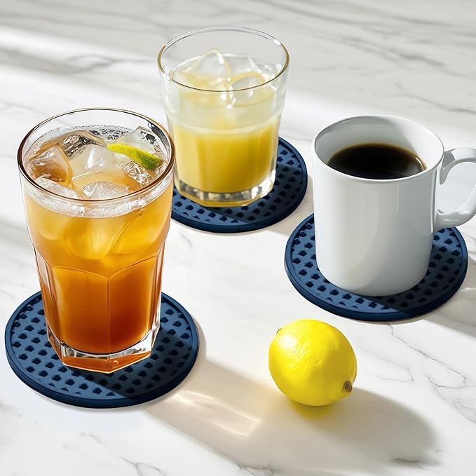 Coasters for Drinks, Silicone Coasters Set of 6 with ABS Holder, Outdoor Coaster for Coffee Table, Non-Slip Rubber Table Cup Mat Desk, Heat Resistant & Scratch-Proof (Navy Blue)
