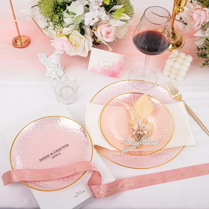 Rubtlamp 60Pcs Pink Plastic Plates,Clear Pink Plates With Gold Rim,Hammered Gold Plates Include 30Pink Plastic Dessert Platos, 30Gold Dinner Platos For Party