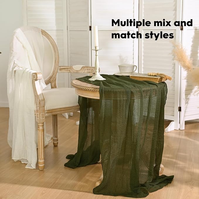 Artoid Mode Boho Cheesecloth Gauze Olive Green Wedding Table Runner, 120 Inch - Image 4