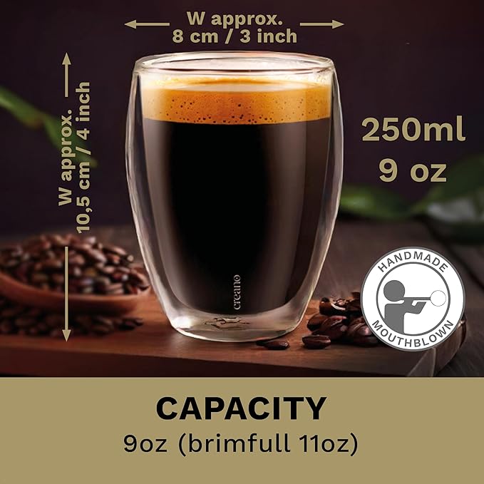 Creano Premium Double-Walled Drinking Glasses 9oz / 250 ml - Set of 6 - Professional Quality - 100% Dishwasher Safe (6x 9oz)