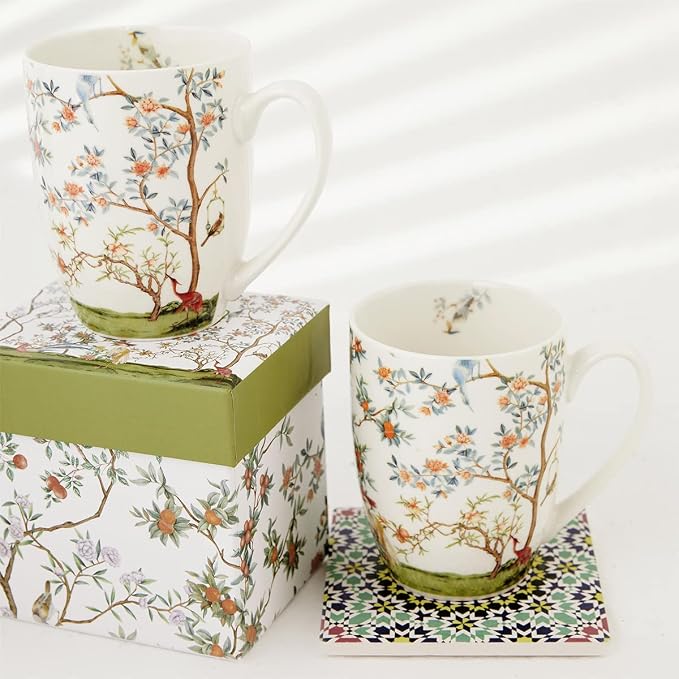 ALYC Fine China Coffee Mug Set – Bird and Branch Flower Teacup Design – 2Pack - Image 2