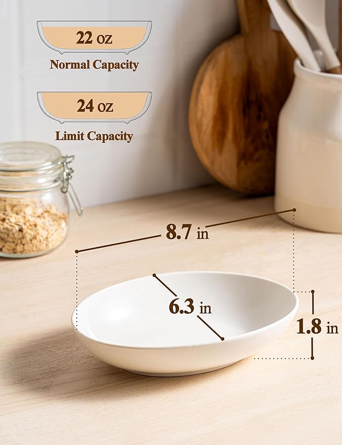 8.6" Oval Serving Bowls, 24 oz Small Oval Bowl for food, Side Dishes, Salad, Pasta, Snacks, Fruit, White Ceramic Serving Dish, Set of 4