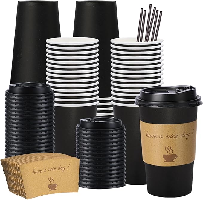 50 Pack 16 oz Disposable Coffee Cups with Lids, Paper Hot Coffee Cups with Sleeve and Straw, To Go Cups for Home, Office, and Party (Black 16oz)
