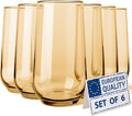 Amber Drinking Glasses Set of 6 | 16 oz Amber Glass Cups | Highball Drinkware for Cocktails, Long Drink, Water, Mojito, Juice, Soda