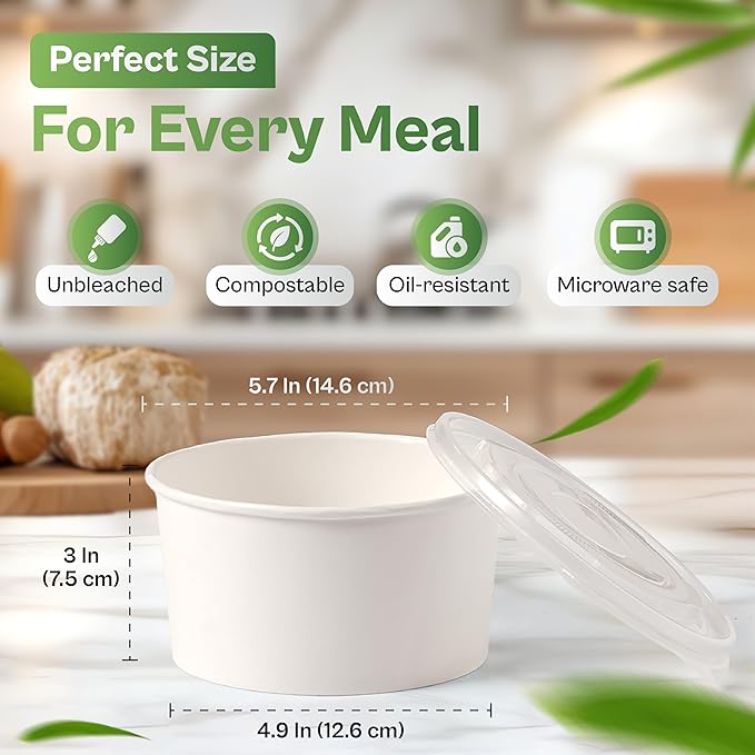 50-Pack 34 oz Paper Bowls With Lids – Disposable Bowls, Microwave & Freezer Safe, Leak-Proof Design for Hot & Cold Foods, SGS Tested Food-Safe, Eco-Friendly, For Meal Prep, To-Go, Catering.