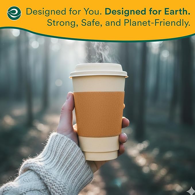 ECO SOUL 100 Pack 12 oz Disposable Coffee Cups with Lids & Sleeves Eco-Friendly, Biodegradable, Compostable, Leak-free & Sturdy To Go Hot Drink Cup for Tea, Chocolate Party Travel Cafe Office & Home