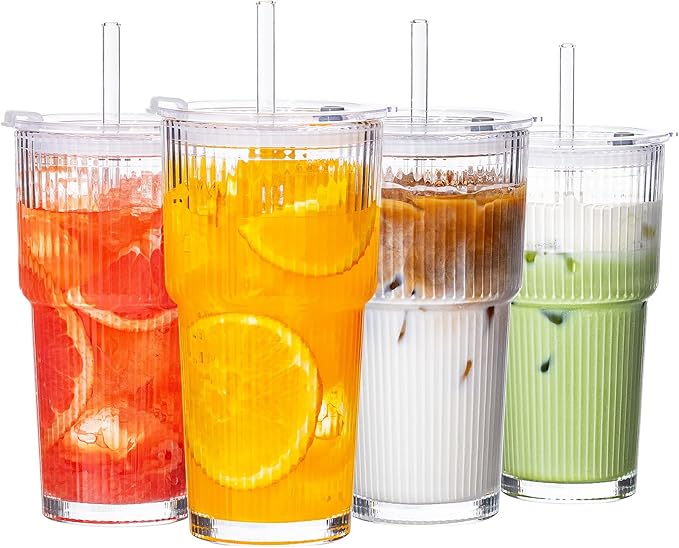 20oz Iced Coffee Cups with Lids, Glass Coffee Cups with Lids and Straws | Clear by VA1KENE