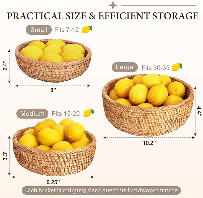 Rattan 9.2" Medium Round Bread Basket for Fruit, Natural Wicker Fruit Basket for Kitchen Counter, Hand Woven Wicker Food Baskets, Bread Baskets for Serving, Gift Basket for Gifts, Vegetable,Snack,Etc.