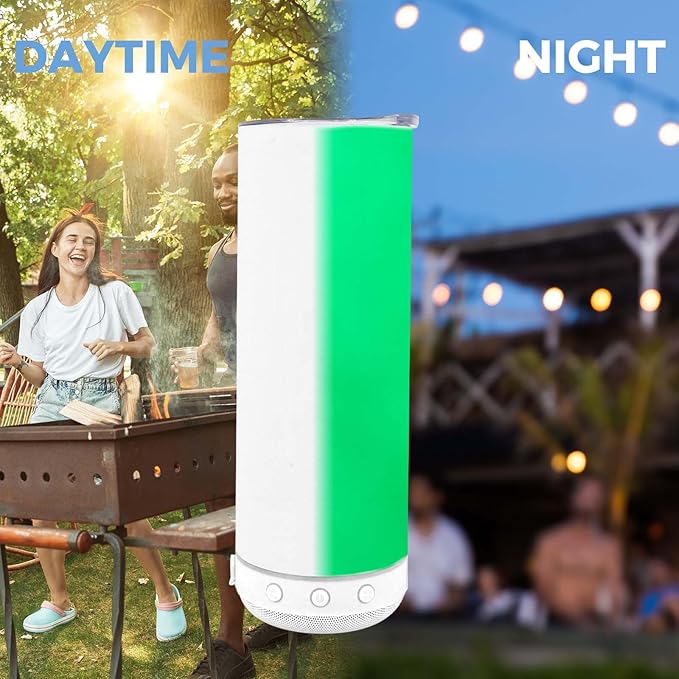 20oz sublimation Music Speaker Tumbler Blank Bulk white with Glow Green 1pack,Straight music mug with straw, lid, straw brush,Reusable Travel Coffee Mug For Men and Women