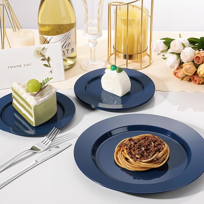 Goodluck 200PCS Navy Blue Plastic Plates, Heavy Duty Disposable Clear Plates with 100 10.25 inch Dinner Plates and 100 7.5 inch Dessert Plates for Party, Holiday, Wedding, Thanksgiving