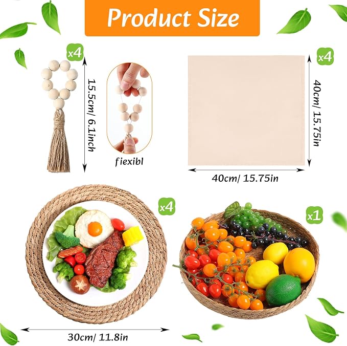 4 Sets Boho Decoration Placemats Round Woven Placemats, Cloth Napkins, Wood - Image 3