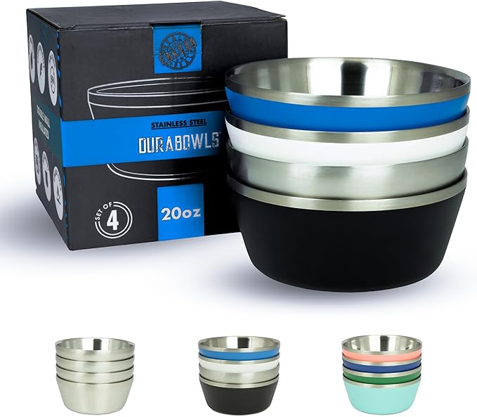 Stainless Steel Insulated Bowls - Set of 4-20 Oz Double Wall Metal Bowls for Ice Cream, Soup, Cereal, Snack, Rice Dish, Camping (Assorted 1 (Black, White, Blue, Natural))
