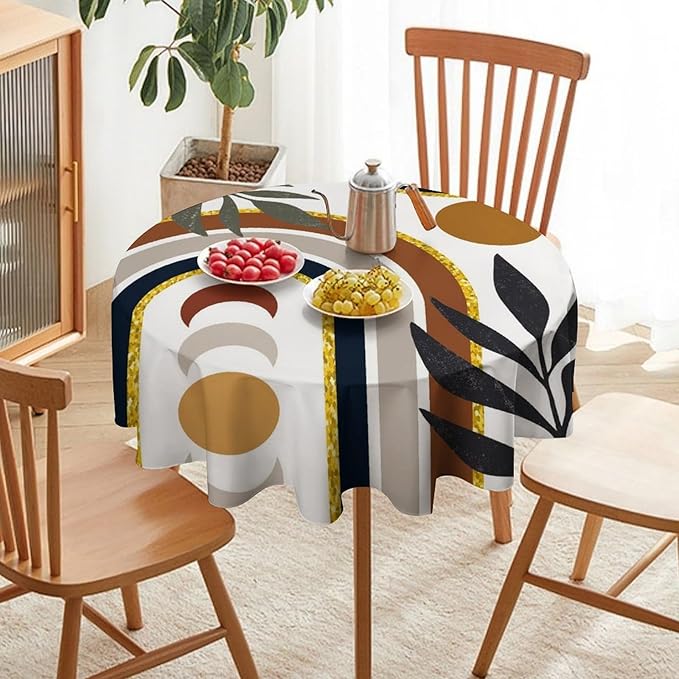 Mid Century Boho Round Tablecloth, Modern Abstract Sun Moon Bohemian Leaves Tablecloth for Home Party Dining Room Kitchen Decor 70Inch(178cm)