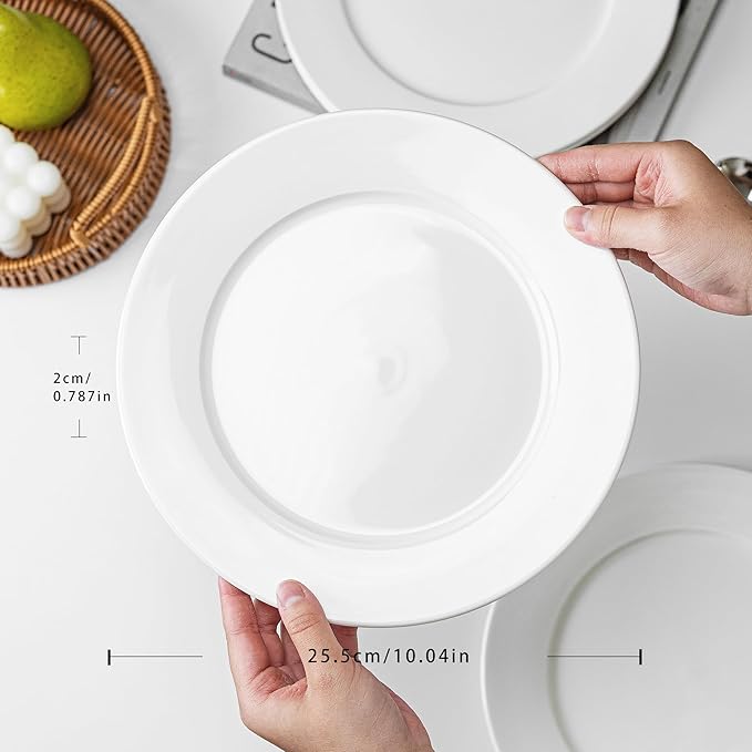 White Ceramic Dinner Plates Set of 6 – 10 Inch Porcelain Plates for Salad, Pasta & Steak, Microwave & Dishwasher Safe Dinnerware