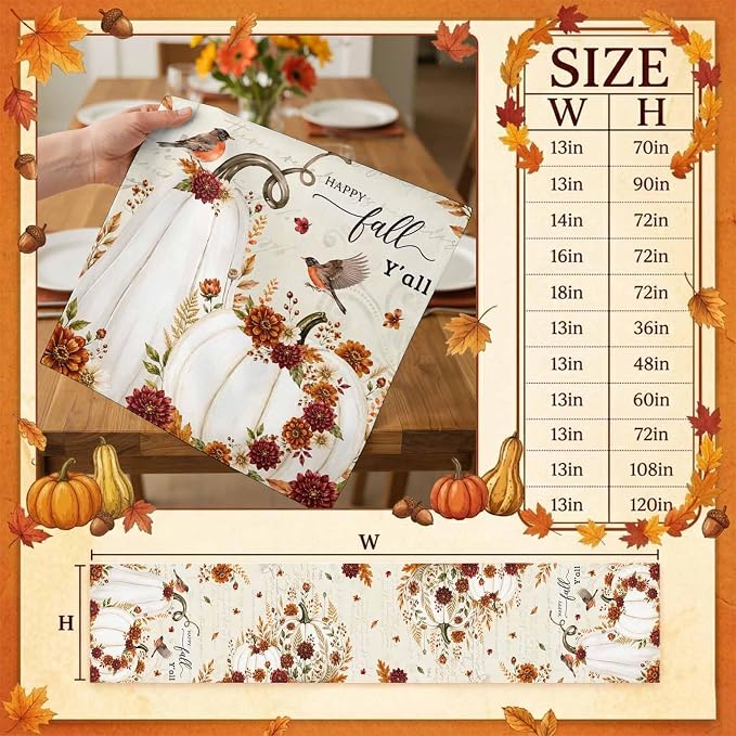 White Pumpkins Fall Table Runner 72 Inches Long, Thanksgiving Harvest Table - Image 8