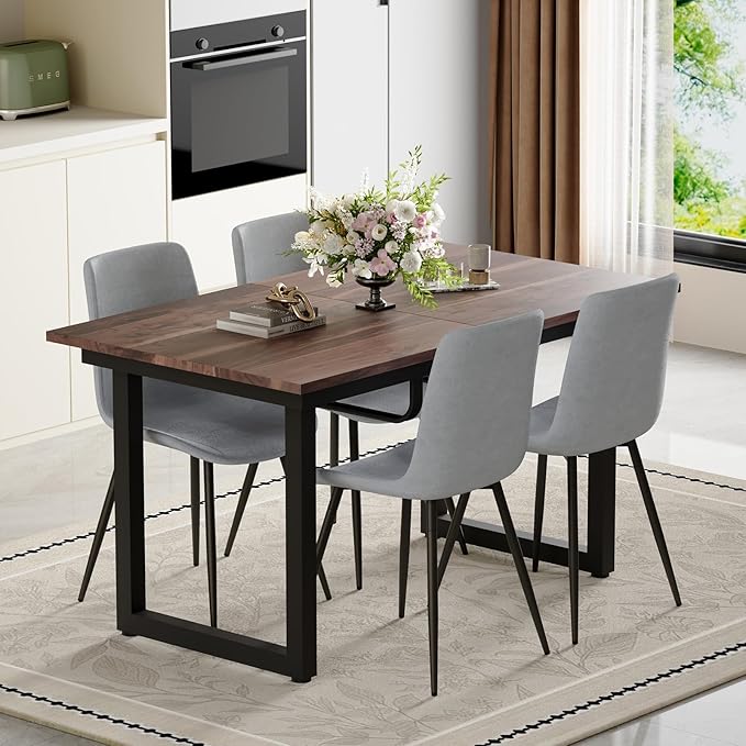 Extendable Dining Table Set for 4, 55"–71" Modern Wood Kitchen Table with 4 Upholstered Chairs, Space-Saving for Living Room Apartment, Sturdy & Comfortable, Easy Assembly