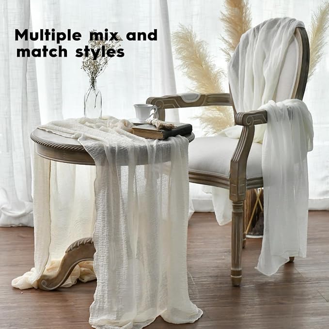 Artoid Mode Boho Cheesecloth Gauze Ivory Wedding Table Runner, 160 Inch - Image 4