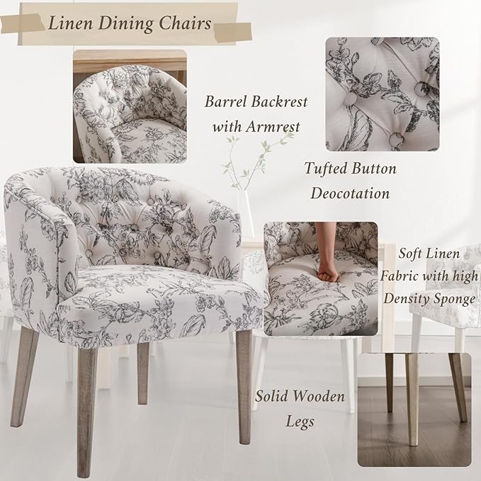 Mid-Century Dining Chairs Set of 2, Tufted Upholstered Linen Dining Room Chairs Comfy Side Chair Armchair Guest Chair with Wooden Legs for Dining Room Living Room, Floral Pattern