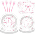 100 Pcs Pink Ribbon Bow Party Supplies Set, Serves 25 – Disposable Paper Plates by Merriva