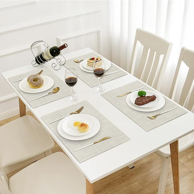 Table Placemats Set of 8, Washable Dining Table Mats Cloth Place Mats for Kitchen Table, Square Farmhouse Fall Placemats for Indoors & Outdoors, Easy to Clean(Beige)