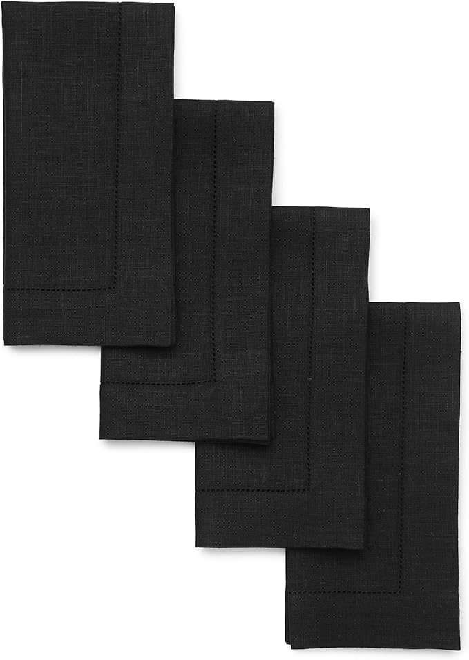 Solino Home Black Linen Napkins Set of 4-100% Pure Linen Hemstitch Dinner Napkins 20 x 20 Inch for Winter, Spring, Easter - Classic Hemstitch