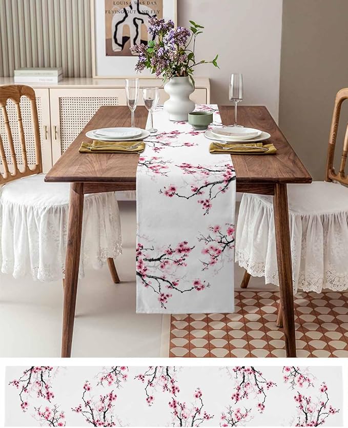 Pink Cherry Flowers Table Runners 60 Inches Long, Cotton Linen Fabric Table - Image 6