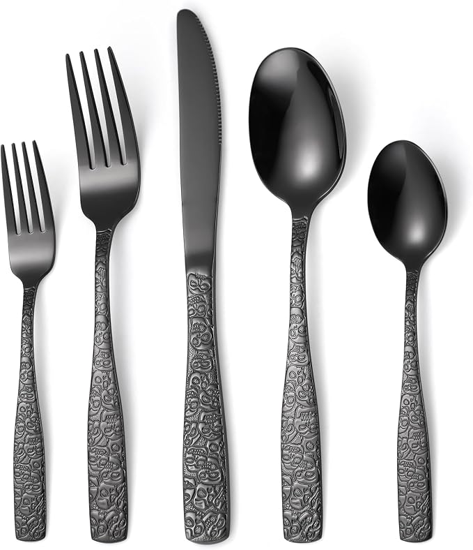 Skull Embossed Silverware Set for 8, OIULO 40-Piece Black Flatware set by MetalServingUtensils