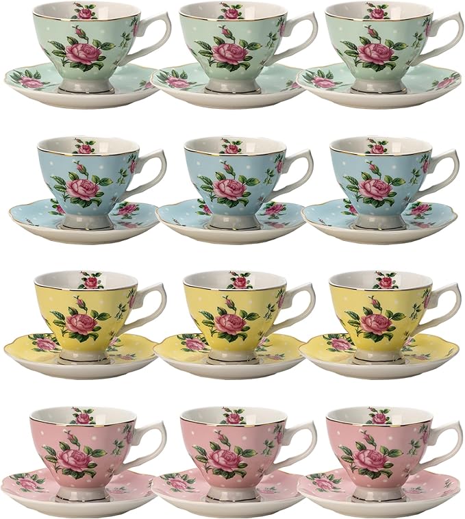 BTaT- Floral Tea Cups and Saucers, 8 oz, Fine Porcelain Teacup Set by BrewToATea
